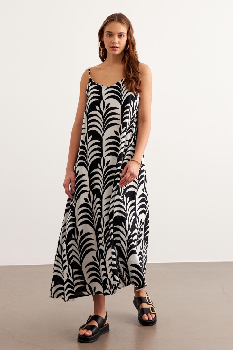 Long Dress With Sleeves Straps Black-white - Levure - Globality Store - Women Clothes Wholesale Turkey