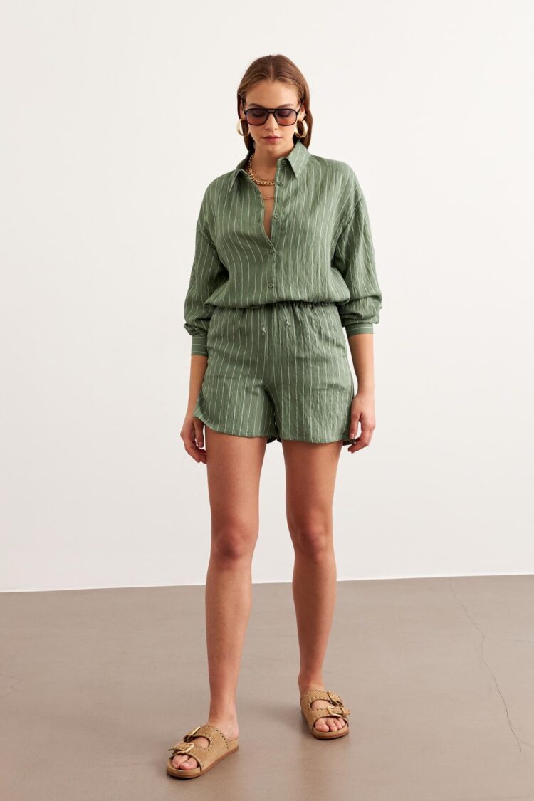 Elastic Waist Striped Short Shorts Cagla Green - Levure - Globality Store - Women Clothes Wholesale Turkey
