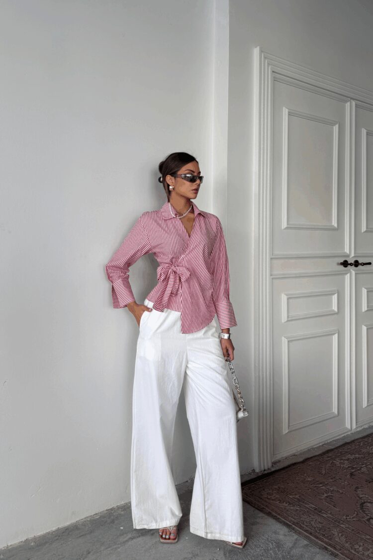 Striped Poplin Double Breasted Tie Shirt - Ello - Globality Store - Women Clothes Wholesale Turkey