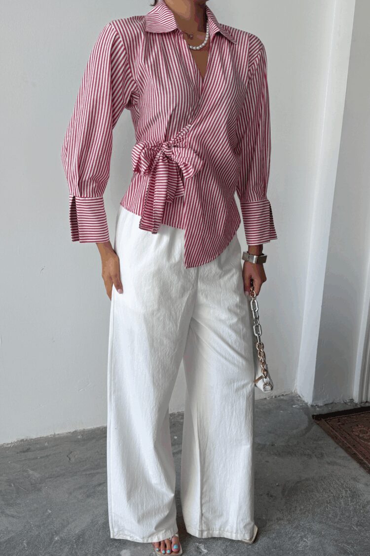 Striped Poplin Double Breasted Tie Shirt