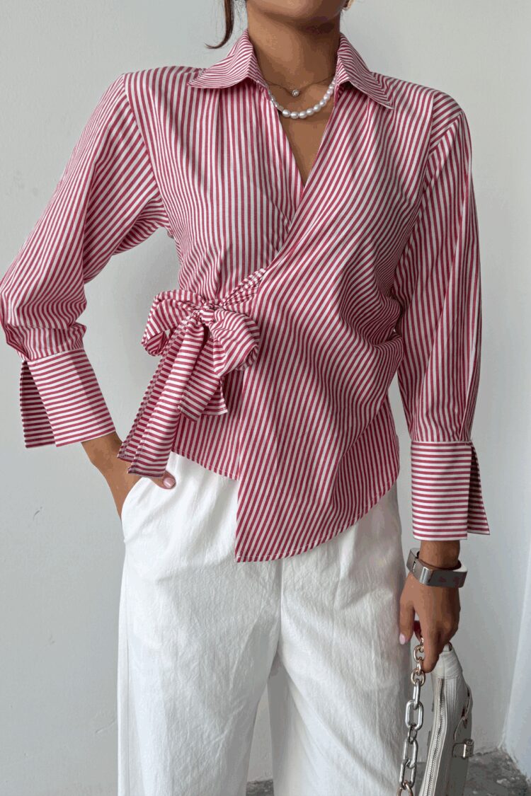 Striped Poplin Double Breasted Tie Shirt