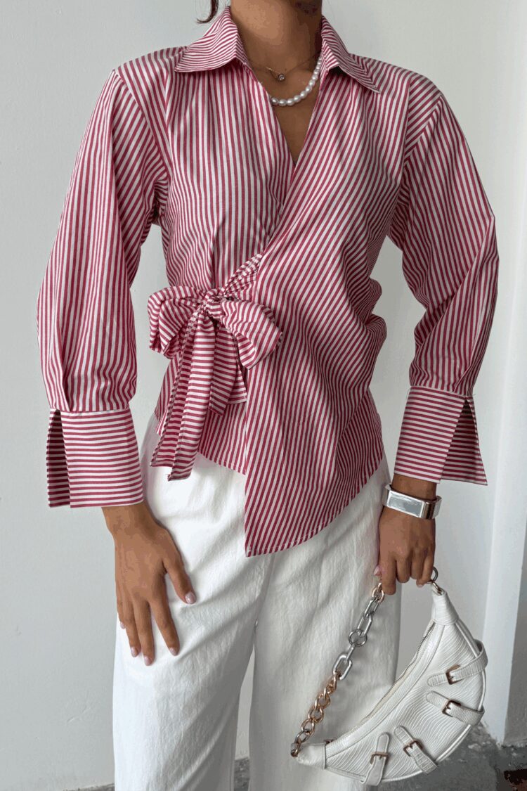 Striped Poplin Double Breasted Tie Shirt