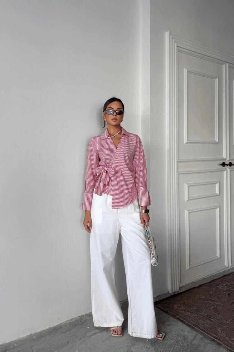Striped Poplin Double Breasted Tie Shirt