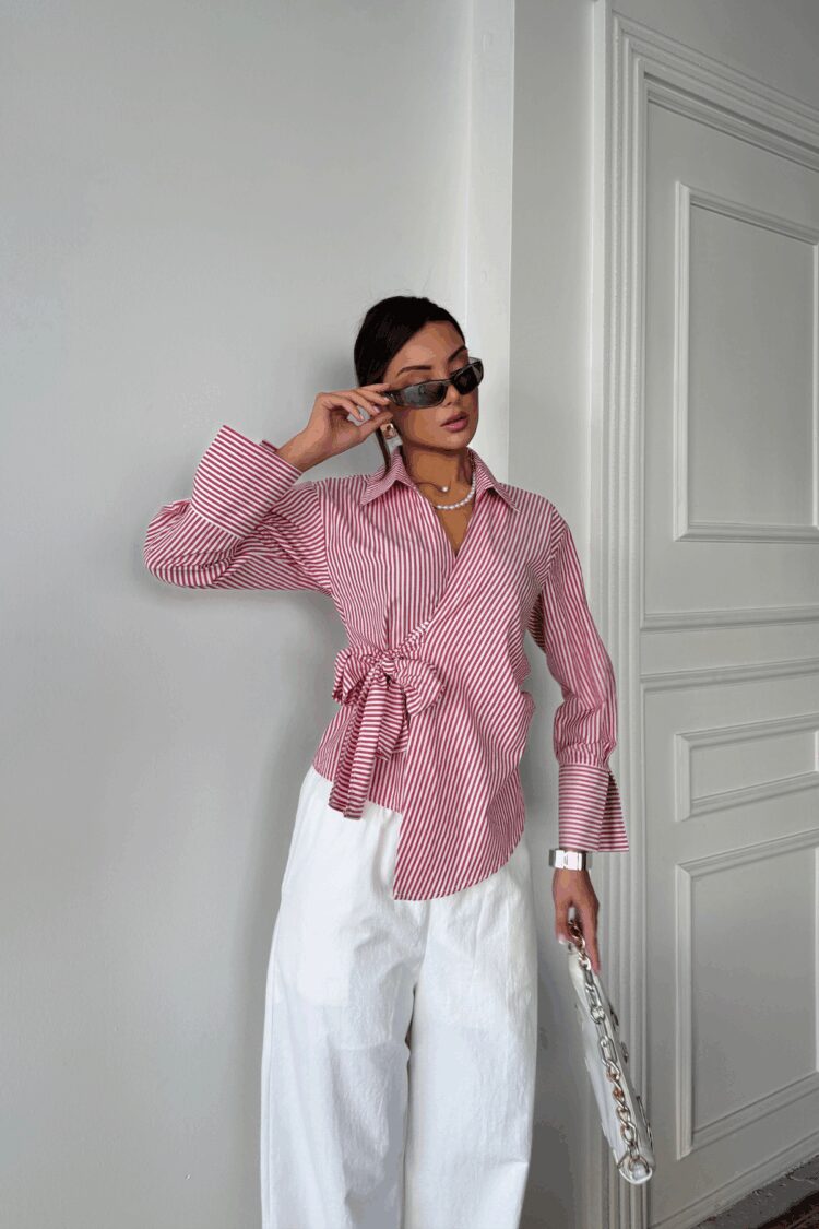 Striped Poplin Double Breasted Tie Shirt