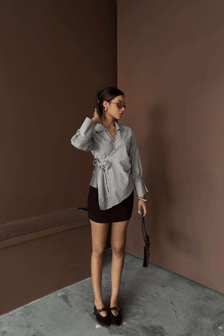 Striped Poplin Double Breasted Tie Shirt