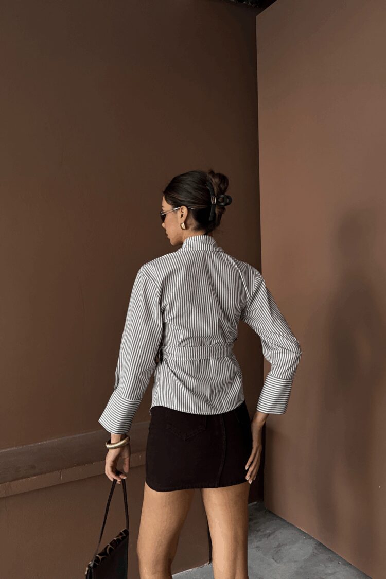 Striped Poplin Double Breasted Tie Shirt
