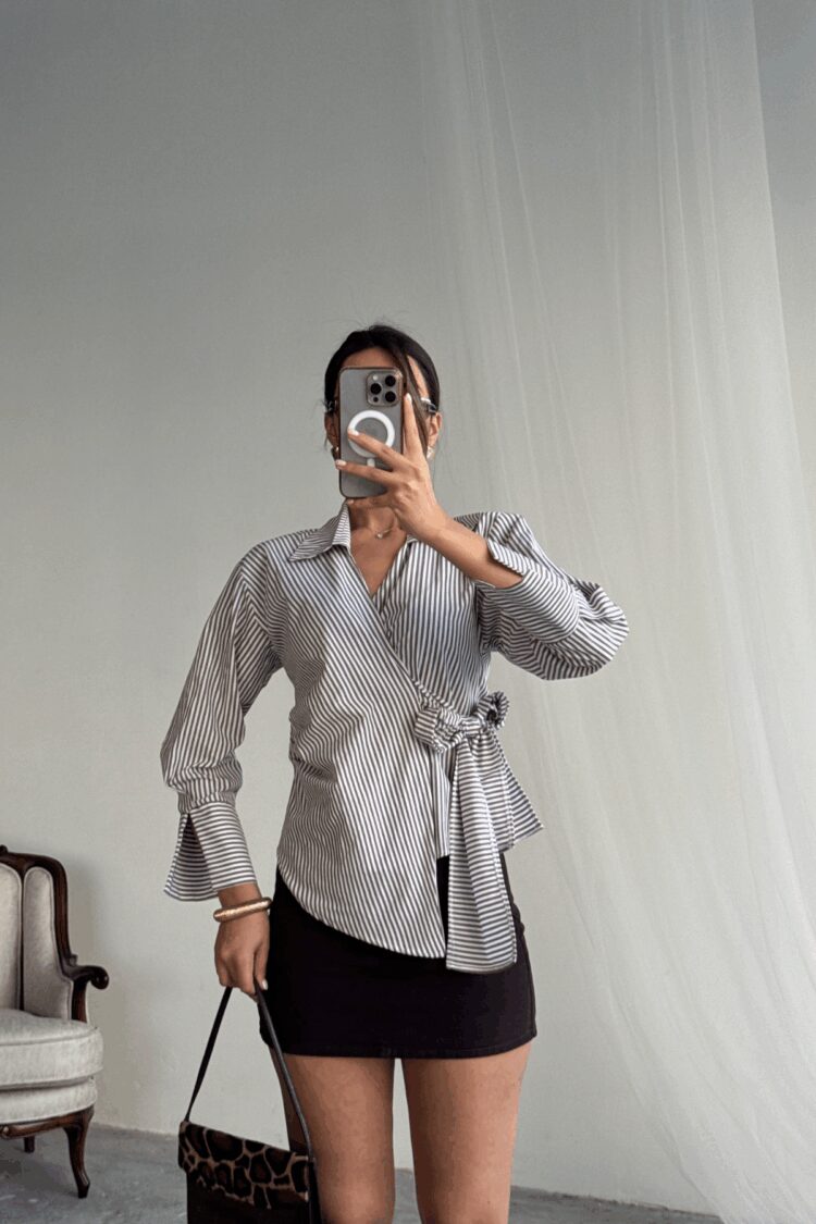 Striped Poplin Double Breasted Tie Shirt - Ello - Globality Store - Women Clothes Wholesale Turkey