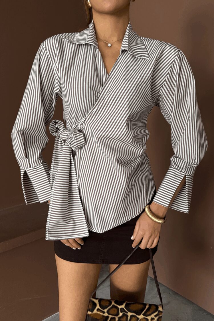 Striped Poplin Double Breasted Tie Shirt