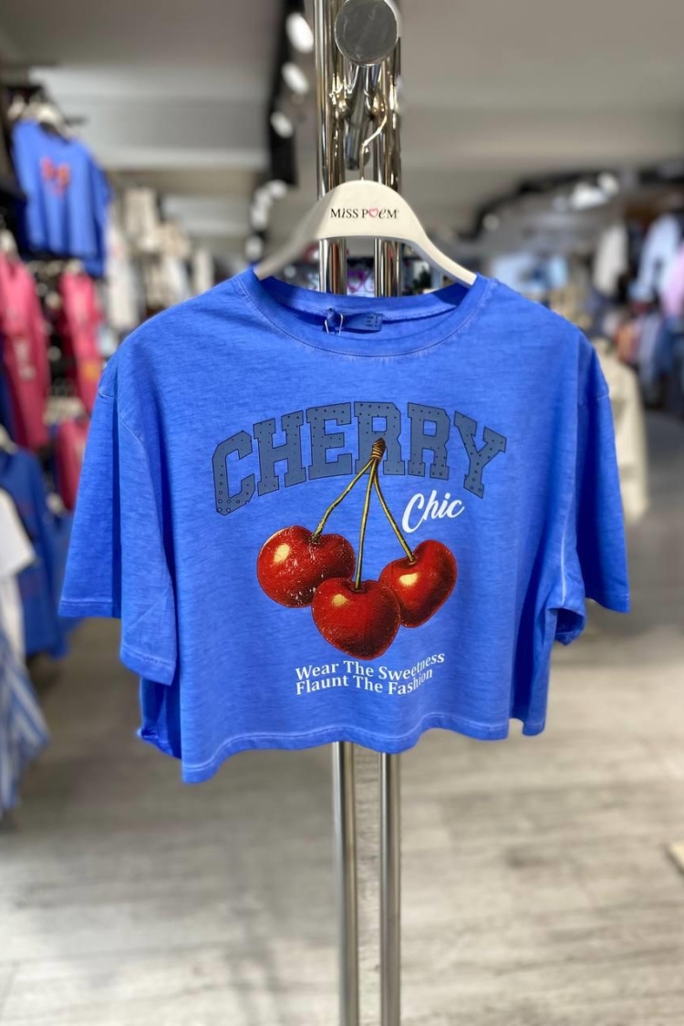 15510-y78 Washable Aging T-shırt Cherry Printing - MISS POEM - Globality Store - Women Clothes Wholesale Turkey