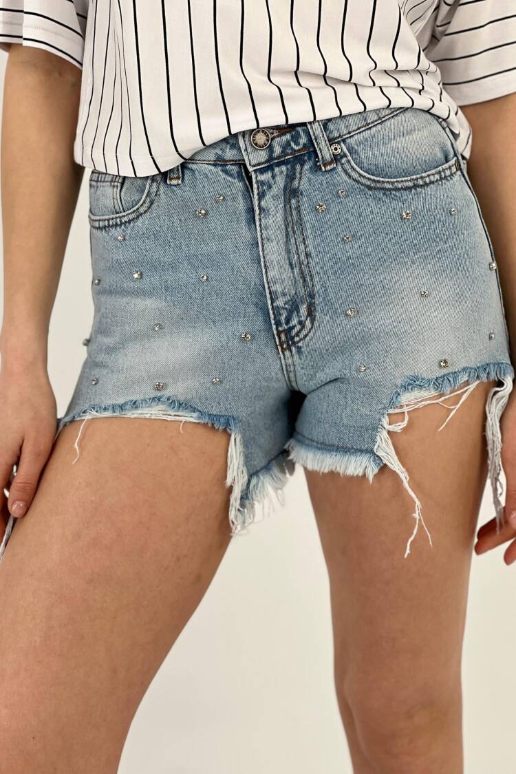 Blue Full Stone Shorts - MISS POEM - Globality Store - Women Clothes Wholesale Turkey