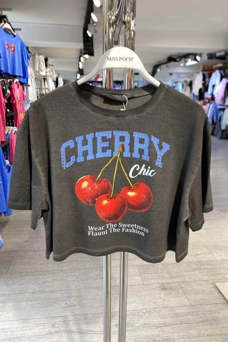 15510-y78 Washable Aging T-shırt Cherry Printing - MISS POEM - Globality Store - Women Clothes Wholesale Turkey