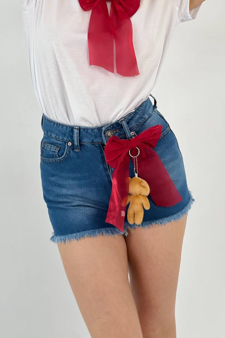 Denim Shorts Ribbon+Teddy Bear Accessory - MISS POEM - Globality Store - Women Clothes Wholesale Turkey