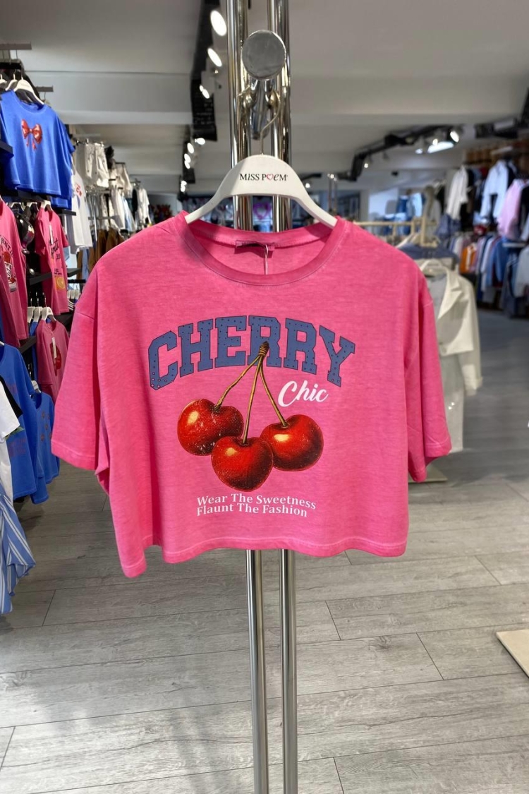 15510-y78 Washable Aging T-shırt Cherry Printing - MISS POEM - Globality Store - Women Clothes Wholesale Turkey