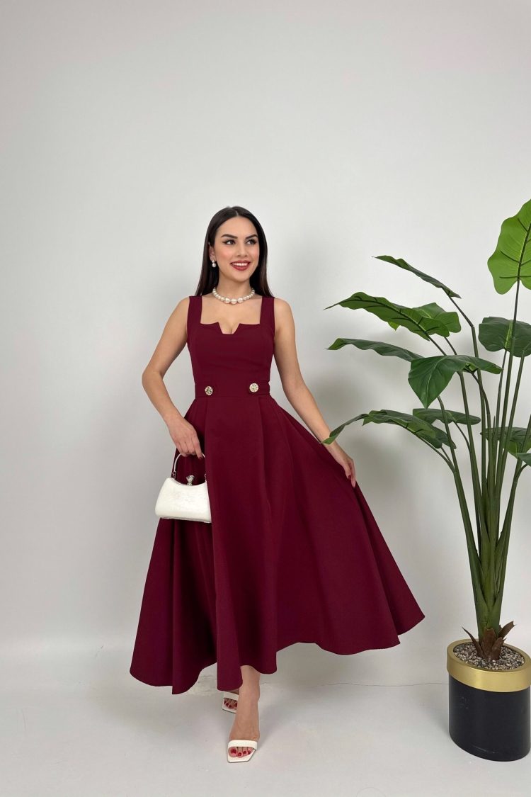 Belt Button Dress - Burgundy - Miss Janell - Globality Store - Women Clothes Wholesale Turkey