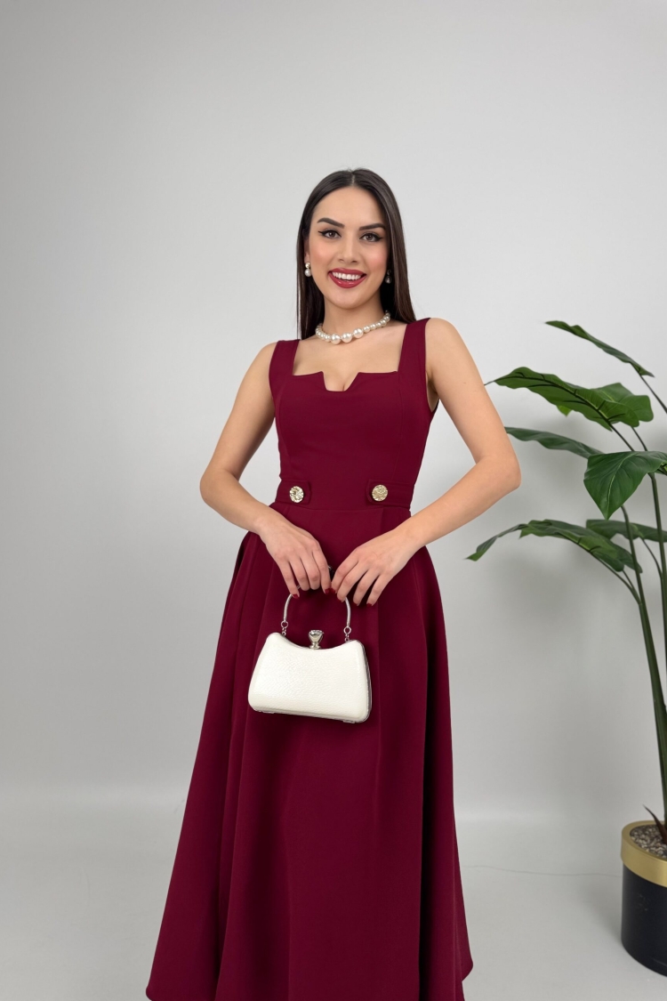 Belt Button Dress - Burgundy