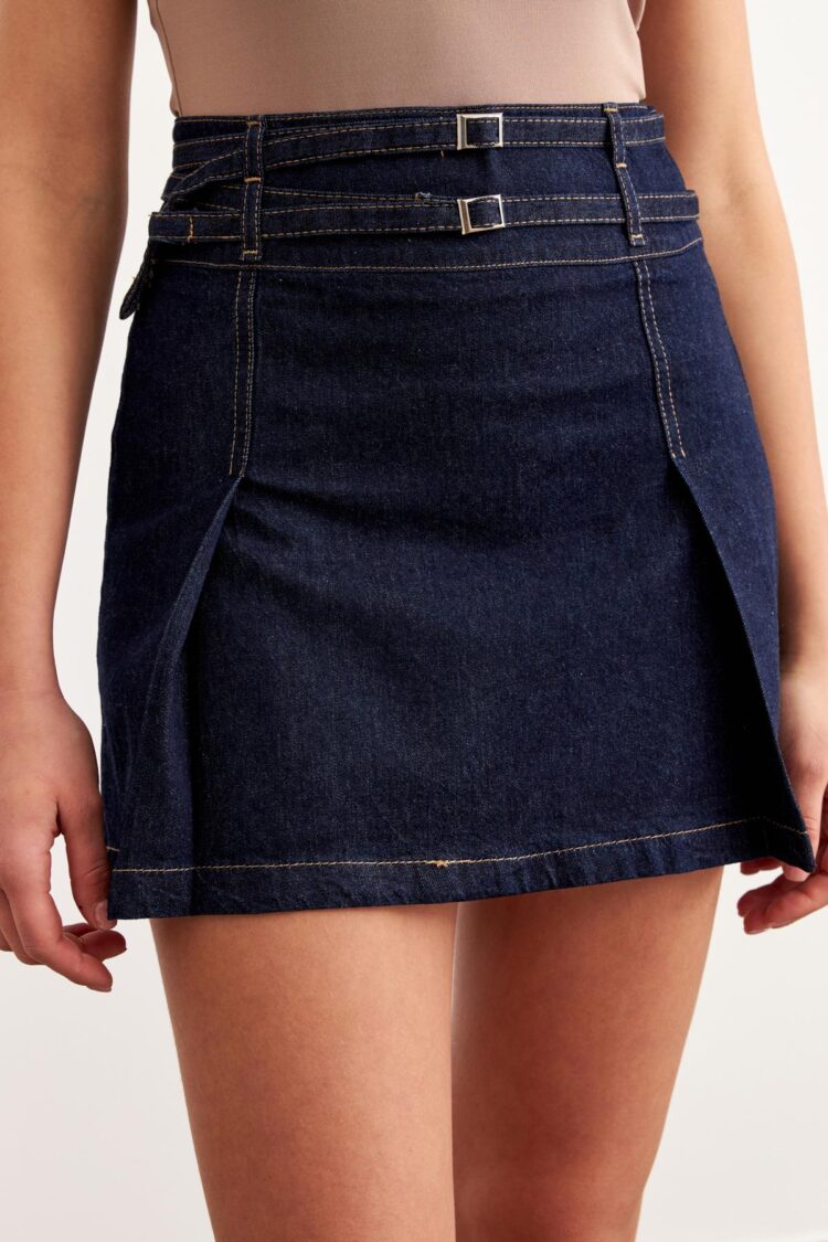 Buckle Detailed Denim Skirt Rins Wash - Navy