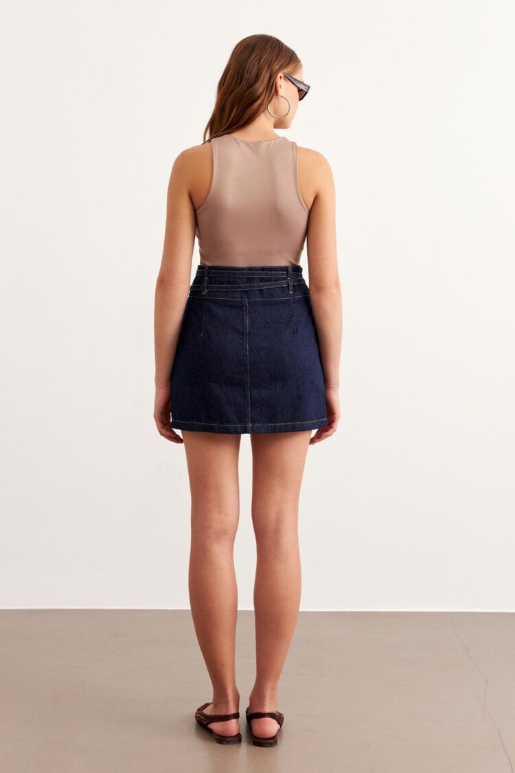 Buckle Detailed Denim Skirt Rins Wash - Navy