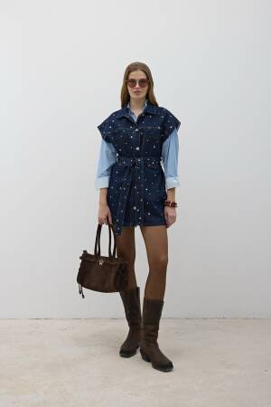 Waist Belt Front Buttoned Denim Vest Rins Wash - Navy - Levure - Globality Store - Women Clothes Wholesale Turkey