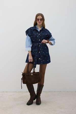 Waist Belt Front Buttoned Denim Vest Rins Wash - Navy - Levure - Globality Store - Women Clothes Wholesale Turkey