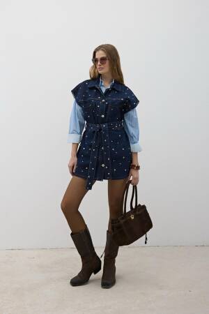 Waist Belt Front Buttoned Denim Vest Rins Wash - Navy - Levure - Globality Store - Women Clothes Wholesale Turkey
