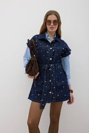 Waist Belt Front Buttoned Denim Vest Rins Wash - Navy - Levure - Globality Store - Women Clothes Wholesale Turkey