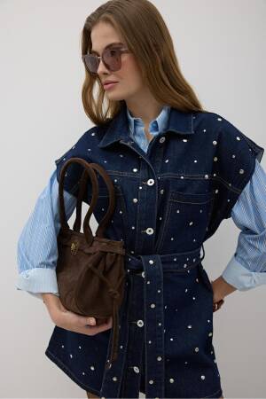 Waist Belt Front Buttoned Denim Vest Rins Wash - Navy - Levure - Globality Store - Women Clothes Wholesale Turkey