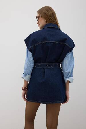 Waist Belt Front Buttoned Denim Vest Rins Wash - Navy - Levure - Globality Store - Women Clothes Wholesale Turkey