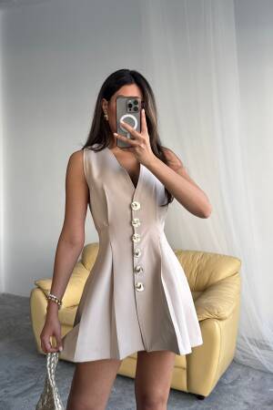 Sleeveless Gold Button Dress With Collar And Pleated Short - Ello - Globality Store - Women Clothes Wholesale Turkey