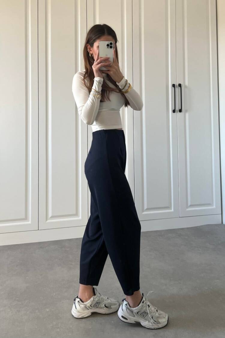Women's High Waist Crepe Pants - Navy
