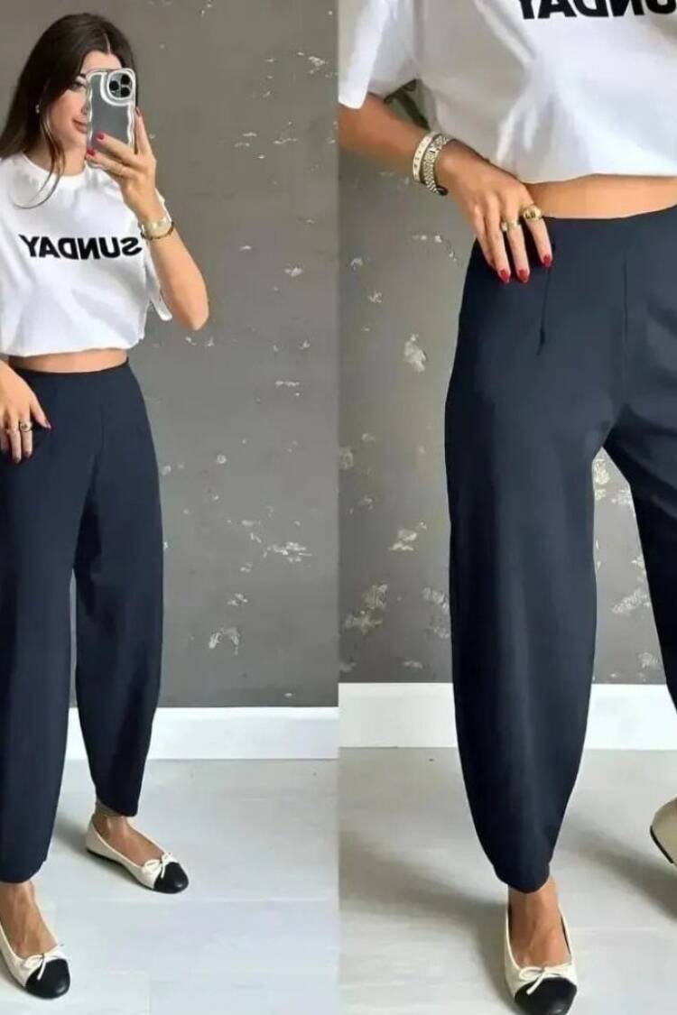 Women's High Waist Crepe Pants - Navy - Janes - Globality Store - Women Clothes Wholesale Turkey