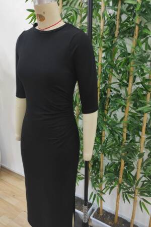 Women's Short Sleeve Crew Neck Side Slit Viscose Two Thread Dress - Black - Janes - Globality Store - Women Clothes Wholesale Turkey