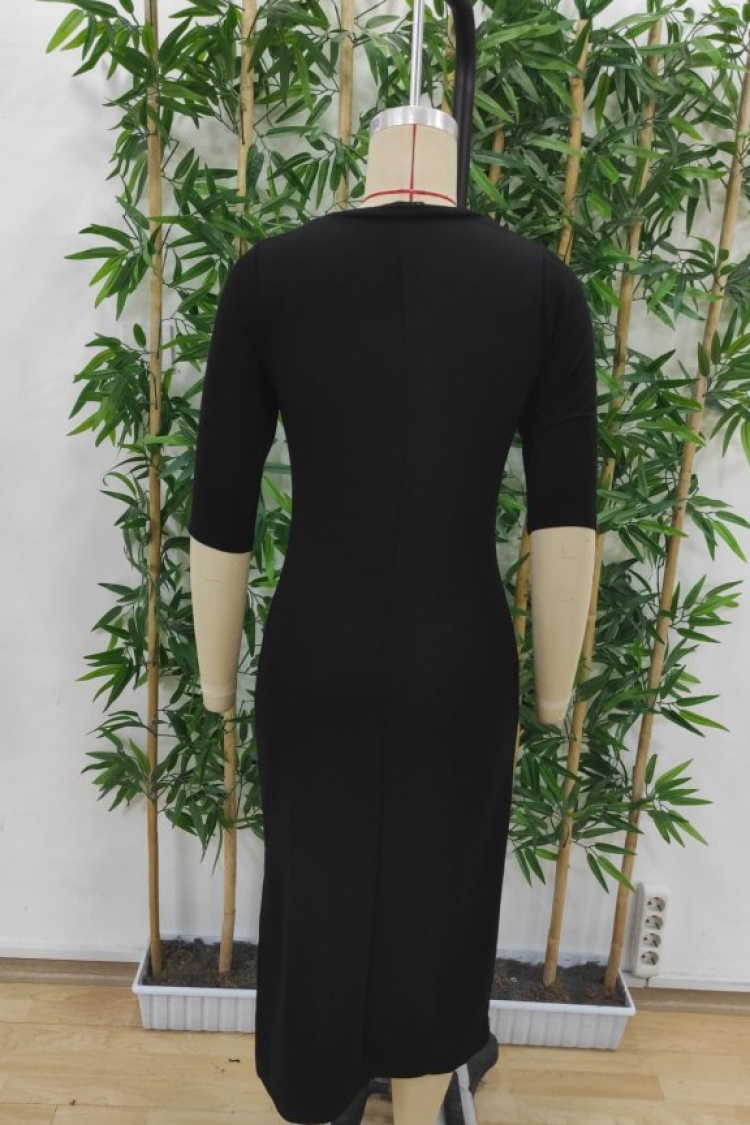 Women's Short Sleeve Crew Neck Side Slit Viscose Two Thread Dress - Black
