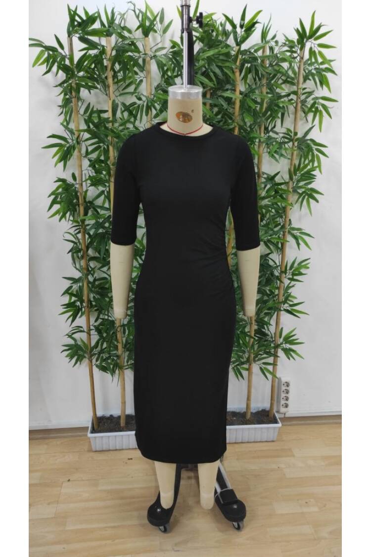 Women's Short Sleeve Crew Neck Side Slit Viscose Two Thread Dress - Black