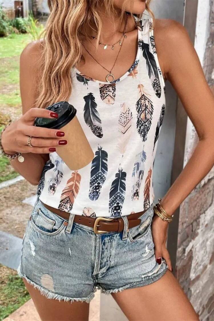 Women's Zero Sleeve V-Neck Leaf Print Sweater Blouse - Mix Color