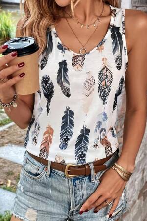 Women's Zero Sleeve V-Neck Leaf Print Sweater Blouse - Mix Color - Janes - Globality Store - Women Clothes Wholesale Turkey