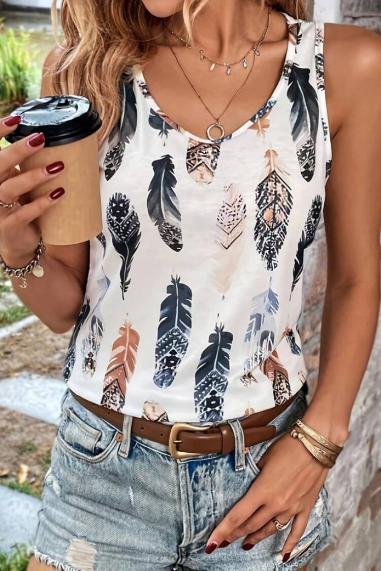 Women's Zero Sleeve V-Neck Leaf Print Sweater Blouse - Mix Color