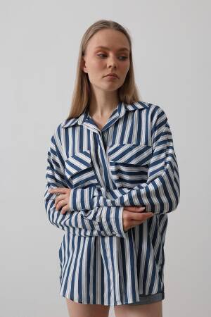Pocket Detailed Oversize Shirt - Navy - Reyon - Globality Store - Women Clothes Wholesale Turkey