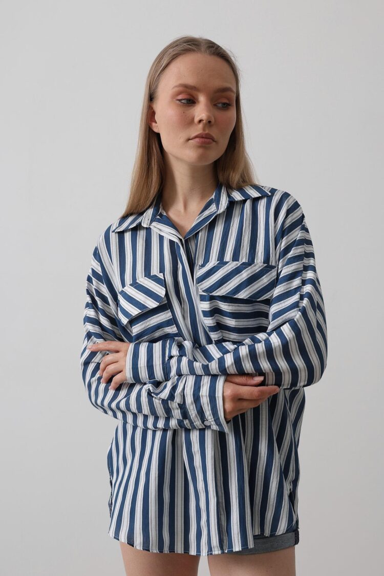 Pocket Detailed Oversize Shirt - Navy - Reyon - Globality Store - Women Clothes Wholesale Turkey