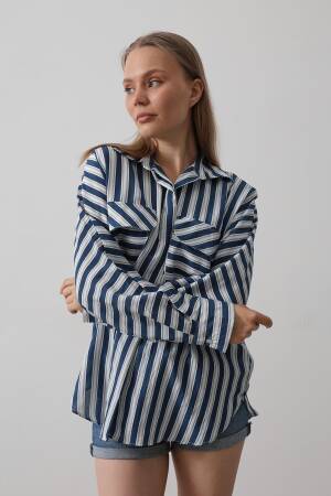 Pocket Detailed Oversize Shirt - Navy - Reyon - Globality Store - Women Clothes Wholesale Turkey