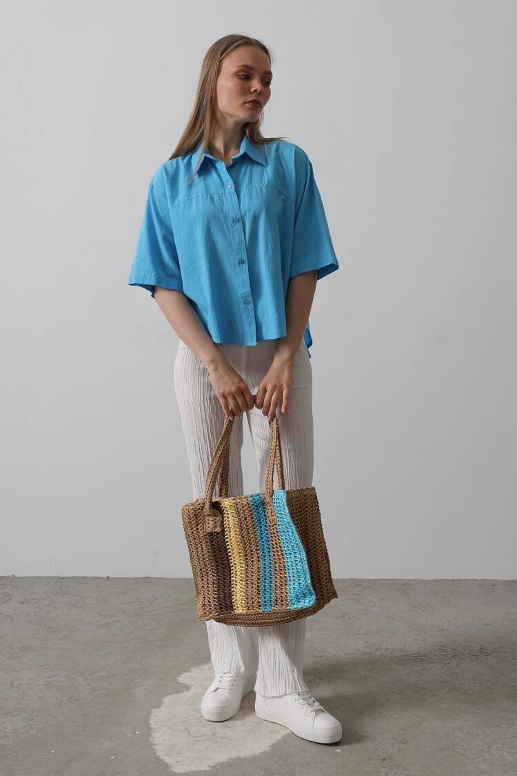 Half Sleeve Shirt - Turquoise - Reyon - Globality Store - Women Clothes Wholesale Turkey