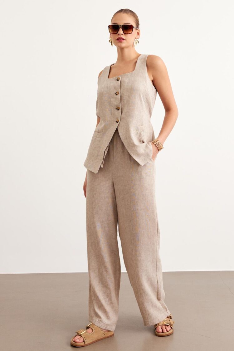 Elastic Waist Linen Trousers - Levure - Globality Store - Women Clothes Wholesale Turkey