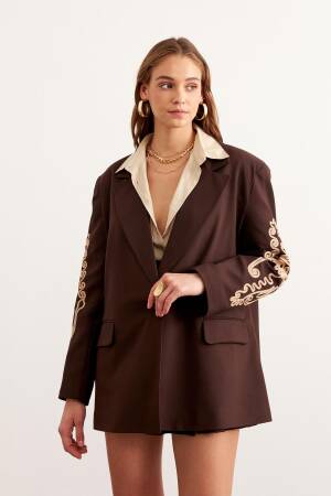 Sleeve Embroidery Detailed Wadding Jacket Brown - Levure - Globality Store - Women Clothes Wholesale Turkey