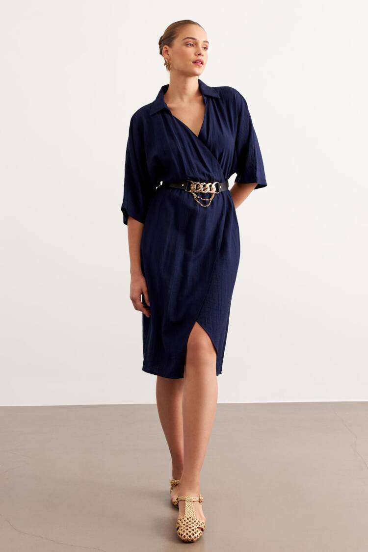 Elastic Waist Belt Dress Navy Blue - Levure - Globality Store - Women Clothes Wholesale Turkey