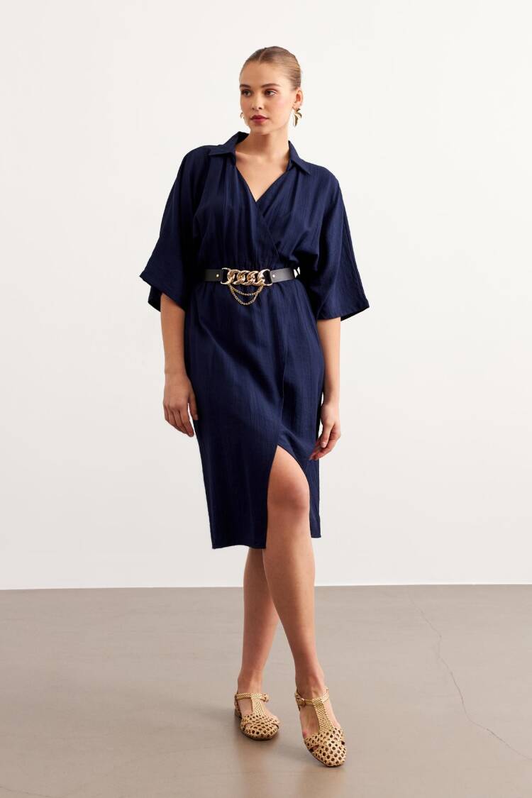 Elastic Waist Belt Dress Navy Blue