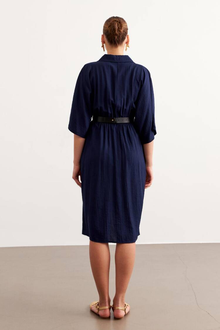Elastic Waist Belt Dress Navy Blue