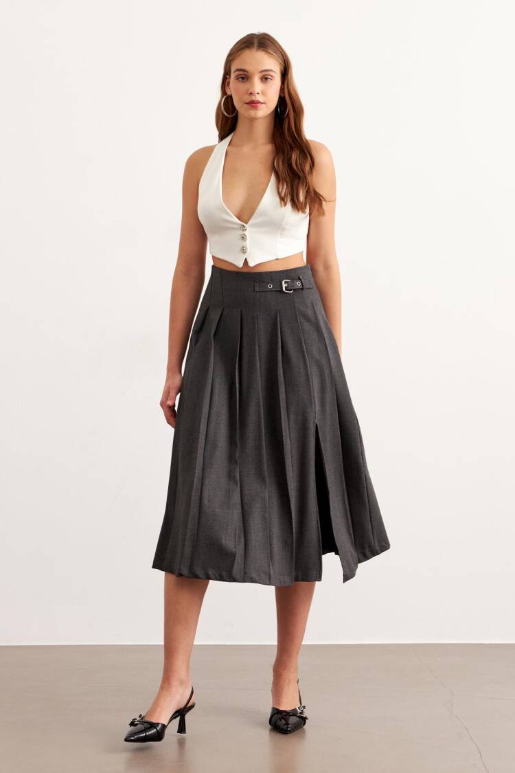 Pleated Long Skirt Grey With Reel Buckle - Levure - Globality Store - Women Clothes Wholesale Turkey