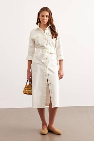 Waist Belted Gabardine Dress Ecru - Levure - Globality Store - Women Clothes Wholesale Turkey