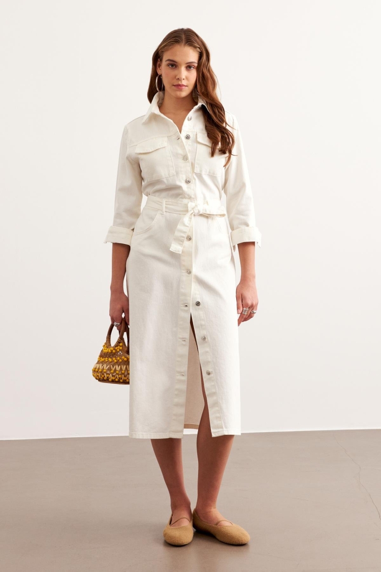 Waist Belted Gabardine Dress Ecru - Levure - Globality Store - Women Clothes Wholesale Turkey