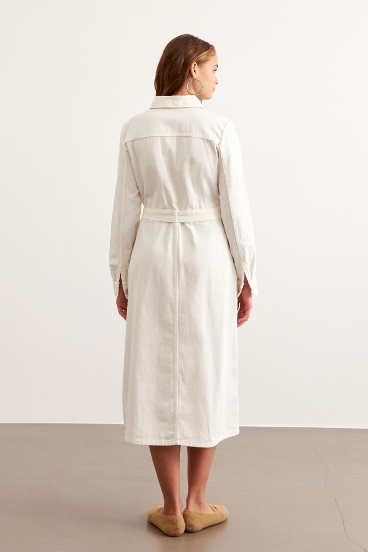 Waist Belted Gabardine Dress Ecru
