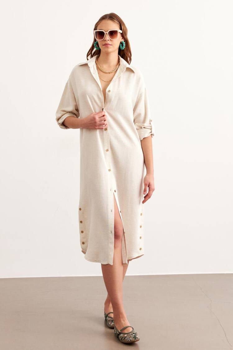Long Linen Tunic Stone With Front Buttons - Levure - Globality Store - Women Clothes Wholesale Turkey